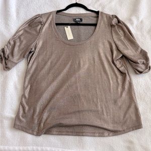 Dark rose gold ribbed metallic puff-sleeve Anthropologie top, NWT